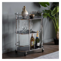 Hostess Drinks Serving Trolley Silver Oval Metal 3 Black Glass Shelves