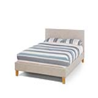 Small 4ft Double Bed Linen Beige Fabric Upholstered Headboard and Frame 120cm Wide