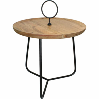 Acacia Wood Small Round Side Coffee Table Black Metal Frame Hoop Handle Top