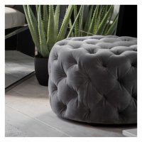 Mirage Grey Velvet Upholstery Round Footstool Traditional Buttoned 61cm Diameter