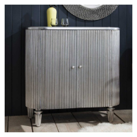 Retro Modern 2 Door Large Drinks Cabinet Silver Finish Mirrored Back Panel