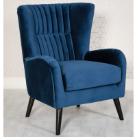 Modern Comfy Blue Velvet Fabric Upholstered Winged Back Armchair Black Angled Legs
