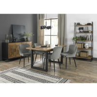 Indus Rustic Oak 4 to 6 Seater Dining Table And 4 Cezanne Grey Velvet Chairs Dining Set