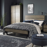 Modern Weathered Oak Wooden 4ft6 Double Bed with Low Open Foot End