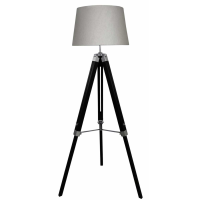 Black Tripod Floor Lamp With Round Natural Cream Linen Fabric Shade
