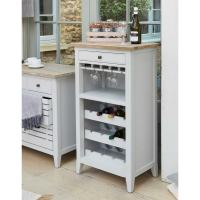 Small Grey Painted Kitchen Wine Rack and Wine Glass Storage Cabinet With Drawer and Wooden Top