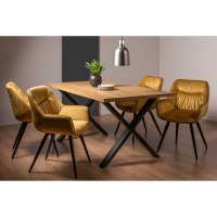 Modern Rustic Oak Dining Table Set 4 Mustard Yellow Velvet Chairs X Leg Base