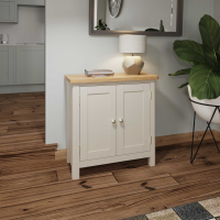 Modern Style Dove Grey Painted 2 Door Small Sideboard with Oak Top 75x75cm