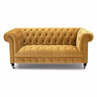 Darby Mustard Yellow Velvet Fabric Chesterfield 2 Seater Sofa Scrolled Arms with Castors