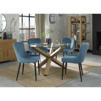 Turin Clear Glass Small Round Dining Set Light Oak Legs With 4 Blue Velvet Chairs