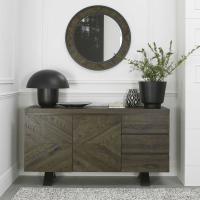 Fumed Dark Oak Wide Sideboard 3 Drawers 2 Doors Black Metal V Shaped Base