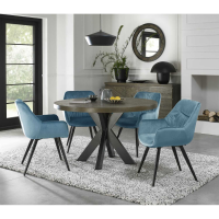 Dark Oak 4 Seater Round 125cm Dining Table Set Cross Legs 4 Blue Velvet Fabric Chairs