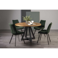 Rustic Oak Round Dining Table Set with 4 Dark Green Velvet Dining Chairs