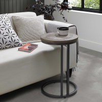 Silver Grey Wooden Round Sofa Side End Table Dark Grey Metal Base Cantilever Style