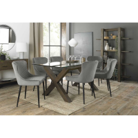 Turin Glass 6 Seater Kitchen Dining Set Dark Oak Legs 6 Cezanne Grey Velvet Chairs