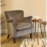 Viola Grey Velvet Upholstered Studded Occasional Armchair With Wooden Legs 75 x 65cm