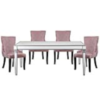 Apollo Antique Silver Mirrored Dining Set With 4 Tufted Back Pink Chairs