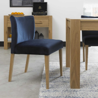 Modern Dark Blue Velvet Upholstered Dining Chair Light Oak Legs Low Back