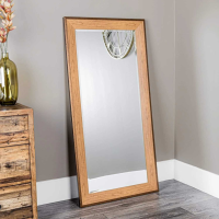 Modern Bronze Edged Rectangular Large Leaner Wall Mirror Bevelled Light Wood Frame