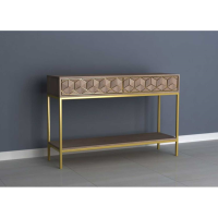 3D Cube Mango Wood Gold Leg Console Table 2 Drawers and Lower Shelf