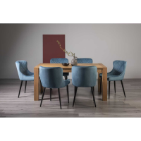 Light Oak 6 Seater 165cm Medium Kitchen Dining Table Set Blue Velvet Fabric Chairs