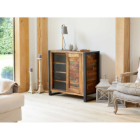 Storage Cupboard Sideboard Reclaimed Boat Wood 4 Drawer Sliding Door Black Metal Frame