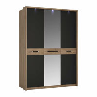Modern Tall 3 Door Triple Wardrobe With Centre Mirror Door in Stirling Oak With Matt Black Fronts