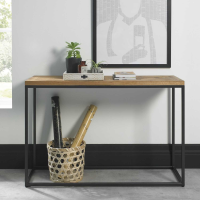 Modern Large Console Hall Table Rustic Oak Marquetry Top Black Metal Base