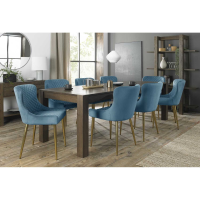 Turin Dark Oak Extending Kitchen Dining Set 8 Cezanne Petrol Blue Velvet Fabric Chairs