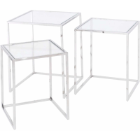 Linton Set Of 3 Stackable Square Nesting Tables Silver Stainless Steel Clear Glass Tops