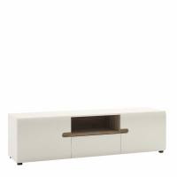 Modern Low Wide White Gloss and Natural Medium Oak Trim Living Room TV Unit 45.5x164cm