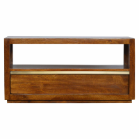 Nordic Style Mango Wood Chestnut Media Unit With Drawer And Gold Pull Out Bar 45 x 90cm