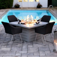 Grey Square Outdoor Garden Patterned Dining Table With Fire Pit Metal Framed Glass Top