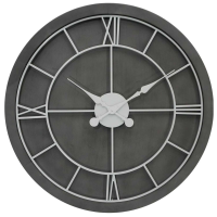Williston Large Dark Grey Wooden Round Wall Clock Chrome Metal Roman Numeral Face 90cm