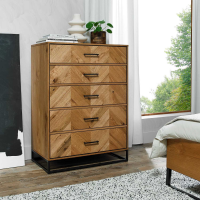 Rustic Oak Tall Chest of 5 Drawers Parquet Chevron Pattern with Metal Base