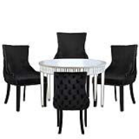 Apollo Champagne Mirrored 120cm Round Dining Set With 4 Tufted Back Black Chairs