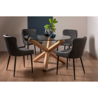 Light Oak Base Clear Glass Top Round Dining Table Set 4 Dark Grey Leather Chairs