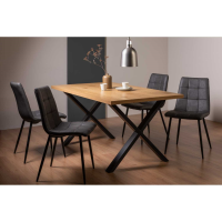 Ramsay Rustic Oak Effect Melamine 6 Seater 160cm Medium Kitchen Dining Set on X Leg 4 Mondrian Dark Grey Faux Leather Chairs