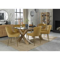 Modern Glass Top 6 Yellow Velvet Chairs Dining Table Set X Light Oak Frame