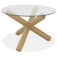 Light Oak Round Glass Top Kitchen Dining Room Table 3 Crossed Legs 120cm Diameter