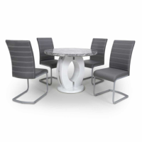 Neptune Marble Top Small Round Dining Table and 4 Callisto Grey Leather Chairs Dining Set
