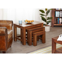 Solid Walnut Nest of 3 Coffee Tables in Dark Wood Finish Square Shape Legs