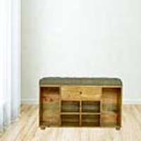 Wooden Shoe Storage Bench Upholstered In Blue Grey Multi Tartan Tweed 58 x 105cm