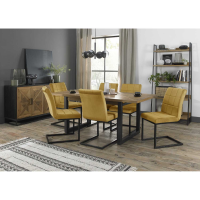 Large Modern Rustic Oak Extending Dining Table Set 6 Mustard Yellow Fabric Chairs