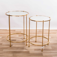 Metal Gold Leaf Parisienne Set Of 2 Large Round Mirrored Nesting Tables