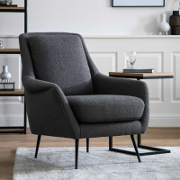 Dark Grey Armchair Linen Fabric Upholstery Black Metal Legs Retro Style