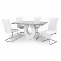 Marble Top Dining Table and 4 White Leather Chairs Dining Set
