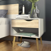 Oslo Small White and Oak Finish 1 Drawer Bedside Table Cabinet Nightstand Retro Modern