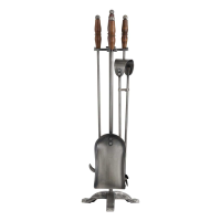 Modern Style Hand Turned Fire Companion Set In Antique Pewter With Wooden Handles 64 x 17cm
