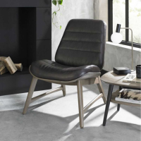 Weathered Oak Wood Black Leather Casual Relaxer Reading Chair Scandinavian Style